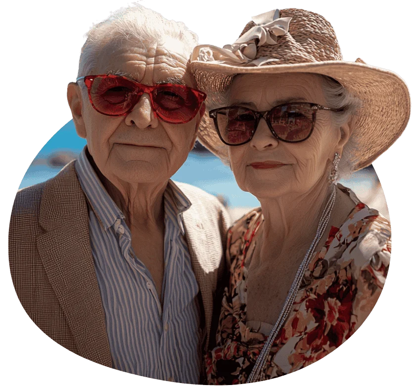 Pareja mayor de edad, sonrientes y en postura abierta